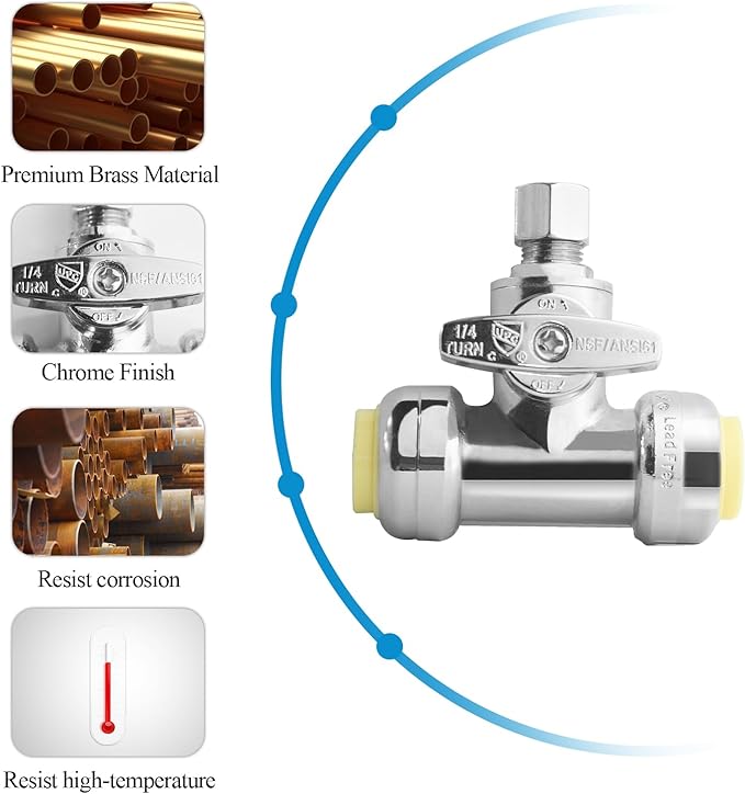 WiseWater Tee Stop Valves 1/2" Push x 1/2" Push x 3/8" O.D Push Fit Valve with Disconnect Clip, 1/4 Turn Chrome Plated Brass Water Shut Off Valve for Copper, PEX, CPVC Pipe (2 Pack)