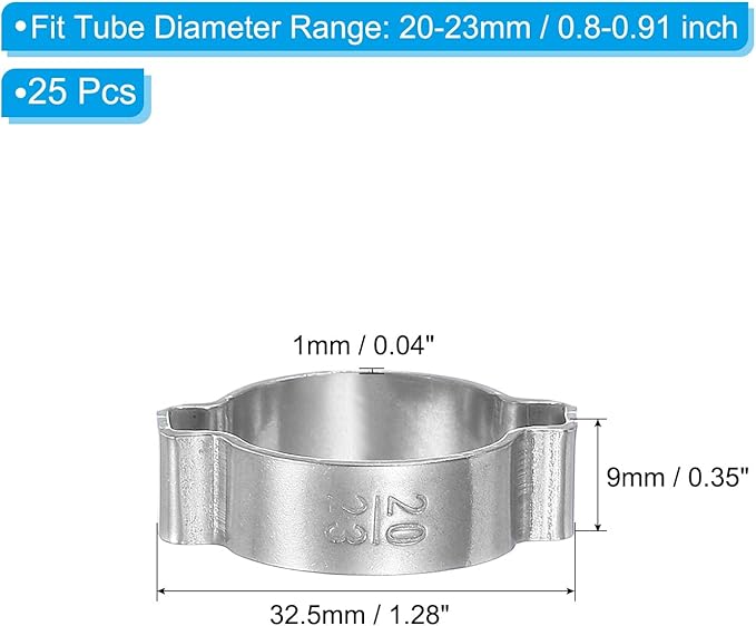 PATIKIL 25 Pack 20-23mm Double Ear Hose Clamp, 304 Stainless Steel O Clip Crimp Rings for Fuel Petrol Pipe Tube Fitting Connections, Silver Tone