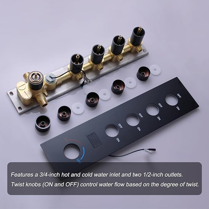 Shower Valve Concealed Shower Mixing Faucet with Temperature Display Function, Flow Control Brass Diverter Valve Kit, 4 Function Can Be Activated Simultaneously, Matte Black