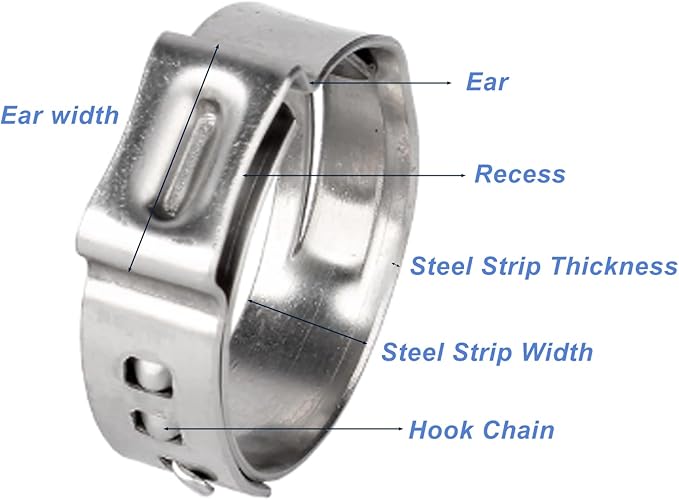 55Pcs 12.8-15.3mm 304 Stainless Steel Single Ear Hose Clamps Ear Stepless Hose Clamp Pinch Clamps Perfect for Automotive, Home Appliance Line and Plumbing