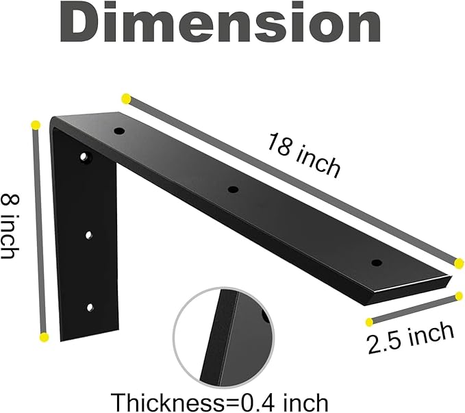 WINKER Countertop Support Bracket 4 Pack Heavy Duty 3/8" Thick Hidden L Shelf Bracket 18" x 8" x 2.5" Metal Corbels for Quartz/Granite/Wood/Concrete/Laminate Countertops, Black