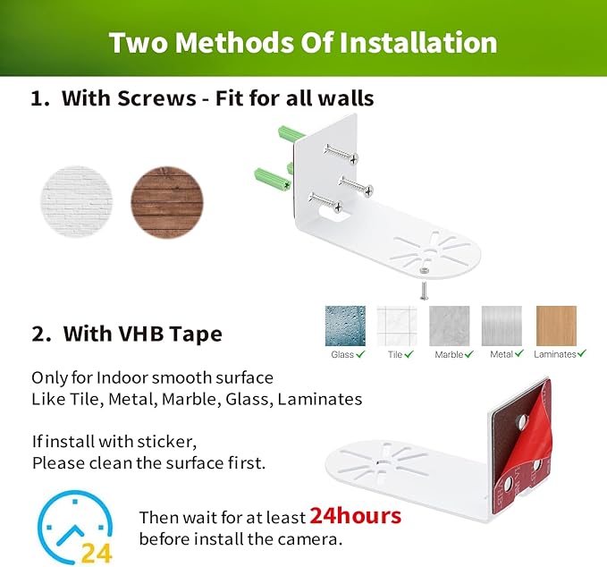 2 Pack Metal Wall Mount for Google Nest Indoor Cam 2nd Gen, Adhesive or Screw Mounting Bracket, No-Drill Shelf Holder for Better View, Durable White Camera Mount for Wall, Deck, Room