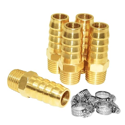 JoyTube 5 Pcs Hose Barb Fittings 5/8" Barb to 3/8" NPT Male Thread Brass Metals Adapter Connector with Hose Clamp