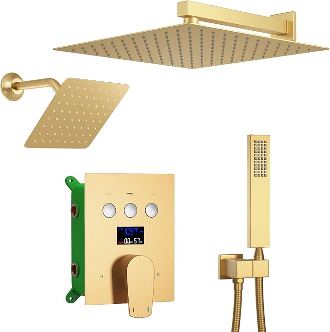 Shower Faucet Set Brushed Gold Shower System with 12 inch and 8 inch Wall Mounted Shower Head, Digital Temperature Display Push Button Shower Fixtures with Handheld Shower