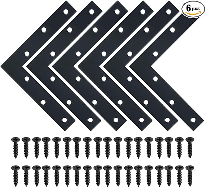 SAYAYO L Brace, 150x150mm / 6" x 6" Metal L Mending Plate L Flat Plate Bracket Stainless Steel Right Angle Corner Brace for Wood Matte Black (6 PCS )