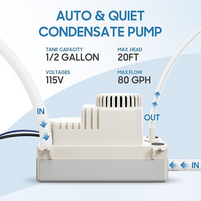 Automatic Condensate Pump HVAC/R Equipment Water Removal Pump AC Condensate Removal for Air Conditioner, Dehumidifier, 115-Volt, 60 Hz, 1/16 HP