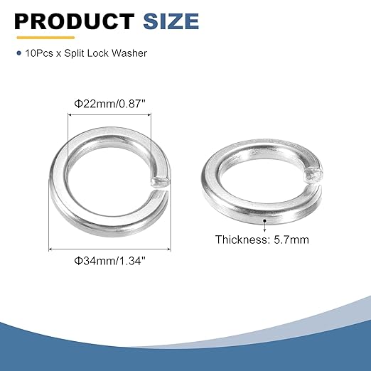 uxcell 10 Pcs M22 Split Lock Washers, 304 Stainless Steel Spring Lock Washer 22mm ID 34mm OD 5.7mm Thick for Screws Bolts Fasteners