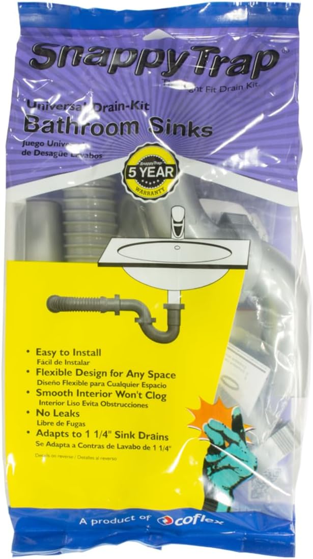 Snappy Trap Universal Flexible P Trap Bathroom Sink Drain Plumbing Kit, No Leaks, Easy No Tool Installation, 9-13 Inches Flexible Hose Length & 16 Inches Product Length (DK-105 Silver)