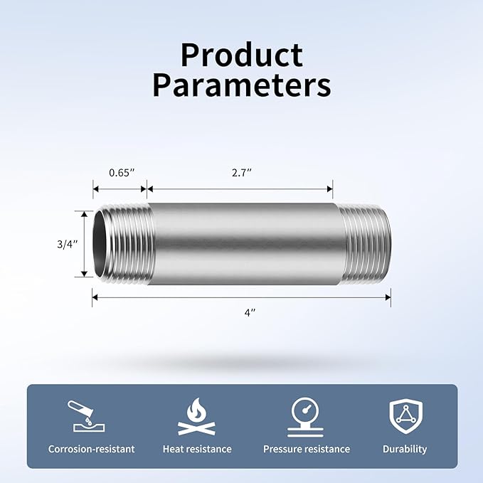 3/4"x4" 304 Stainless Steel Pipe, 3/4" NPTx 3/4" NPT Male Threaded Nipple, SCH40 Heavy Duty Pre-Cut Steel Pipe for Plumbing Gas, Hydraulic, and Industrial Applications(4",2 Piece)