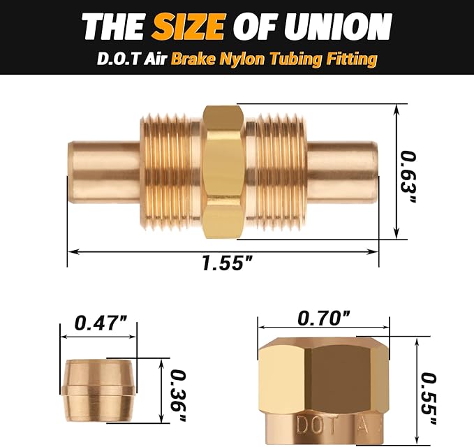 D.O.T Brass Compression Straight Union Fittings, 3/8" Air Compression Union for Nylon Tubings (Pack 4)