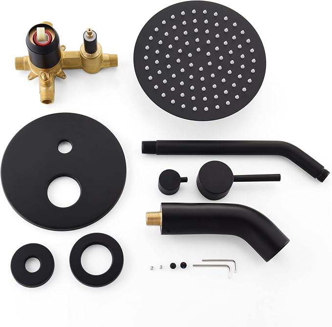 sumerain Tub and Shower Trim Kit with Rough in Valve, Black Shower Faucet with Tub Spout, 8 Inch Shower Head, Pressure Balance Cartridge
