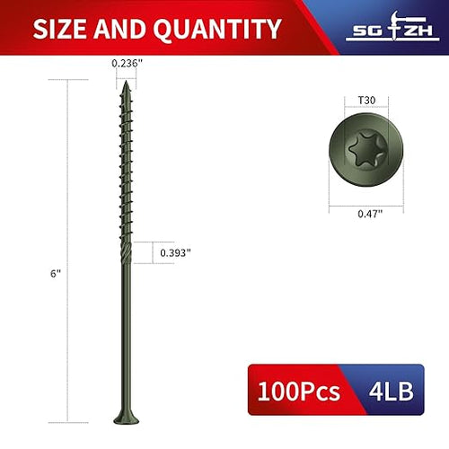 #14 x 6 Inch Deck Screws (100Pcs) 4lb. Carbon Steel, Green, Flat Head, Rust Resistant epoxy Coated, with T30 Star Bit