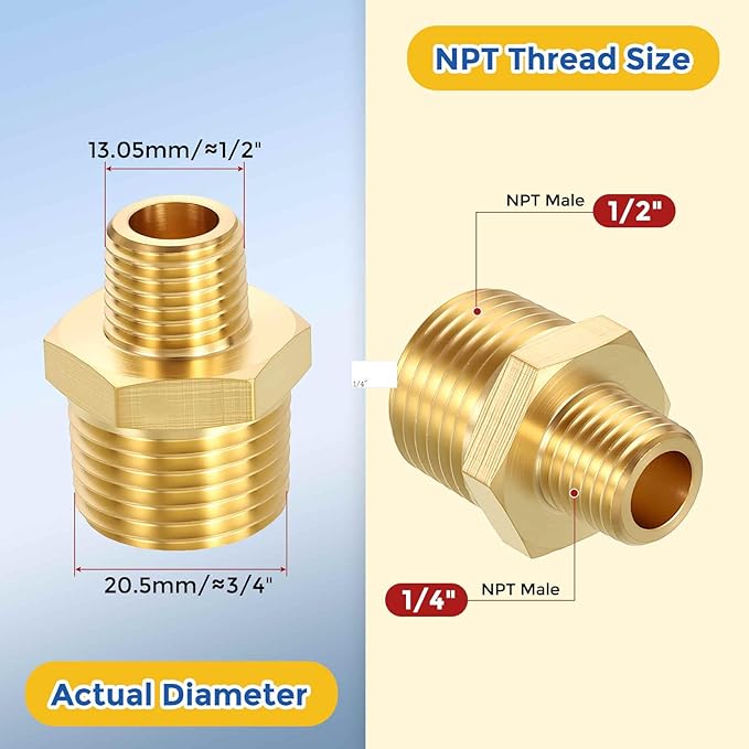 3 Pack Brass Pipe Fittings, 1/2" NPT Male to 1/4" NPT Male Brass Hex Nipple, Male Pipe Adapter Reducer for Air, Oil, LP