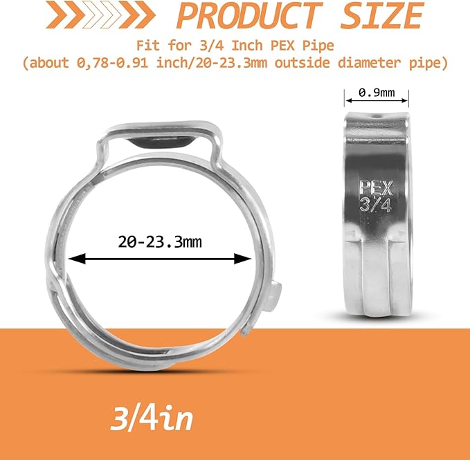 130PCS Stainless Steel Single Ear Hose Clamps 3/4 Inch PEX Cinch Clamps for Pex Tubing Pipes Fitting Connections(3/4)