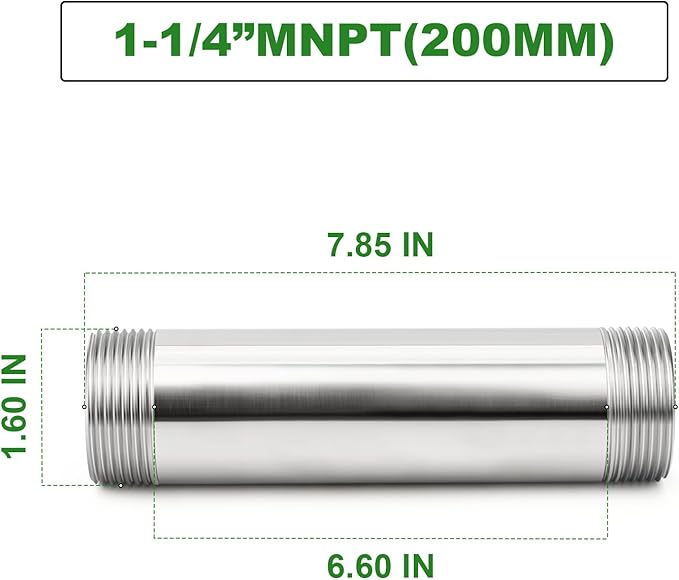 TAISHER 1PCS Stainless Steel Pipe Fittings, 1-1/4" NPT Male x 1-1/4" NPT Male Threaded, 8" Length Nipple Cast Pipe