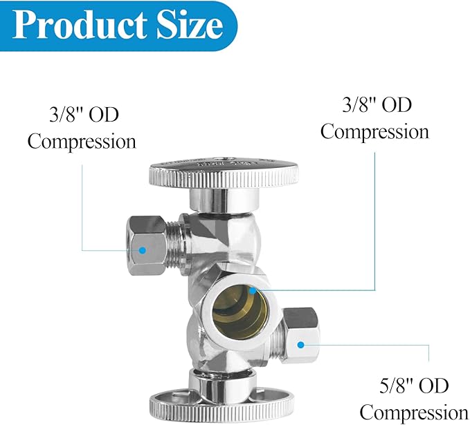 WiseWater Dual Water Shut Off Valve 5/8" OD Comp x 3/8" OD Comp x 3/8" OD Comp, 1/4 Turn Double Angle Stop Valve for Refrigerator, Ice Maker, Coffee Brewers, Water Filters (2 Pack)