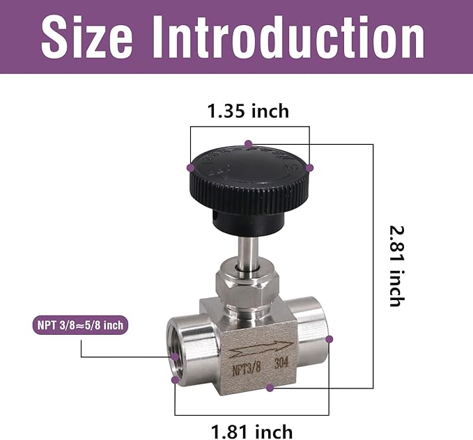 Needle Valve NPT 3/8 Female Thread Straight Needle Valves Stainless Steel 304 Flow Control Valve for Water/Gas/Oil, 1PC
