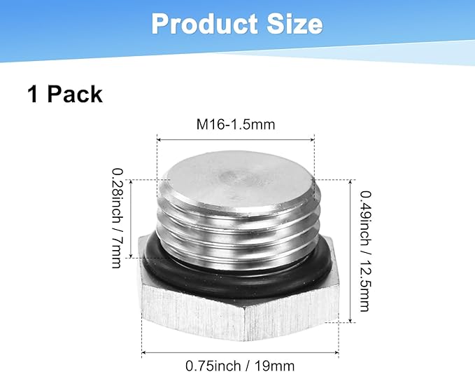 2-Pack Outer Hex Head Thread Pipe Plug Fitting, M16x1.5mm Male 304 Stainless Steel Solid Thread Bung Plug with Sealing Ring for Terminating Pipe Ends