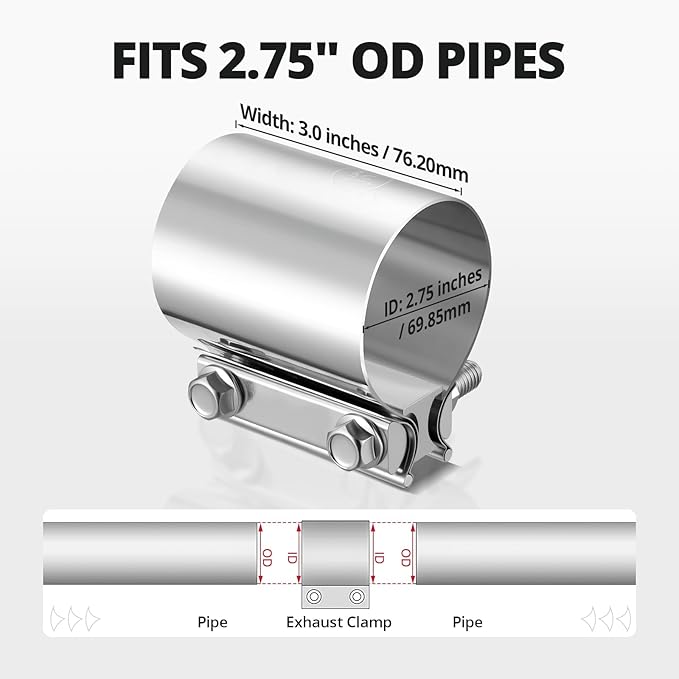 EVIL ENERGY 2.75 Inch Exhaust Clamp,2 3/4" Butt Joint Band Clamp Sleeve Coupler Stainless Steel for Pipes,Mufflers,Catalytic Converters 1PCS