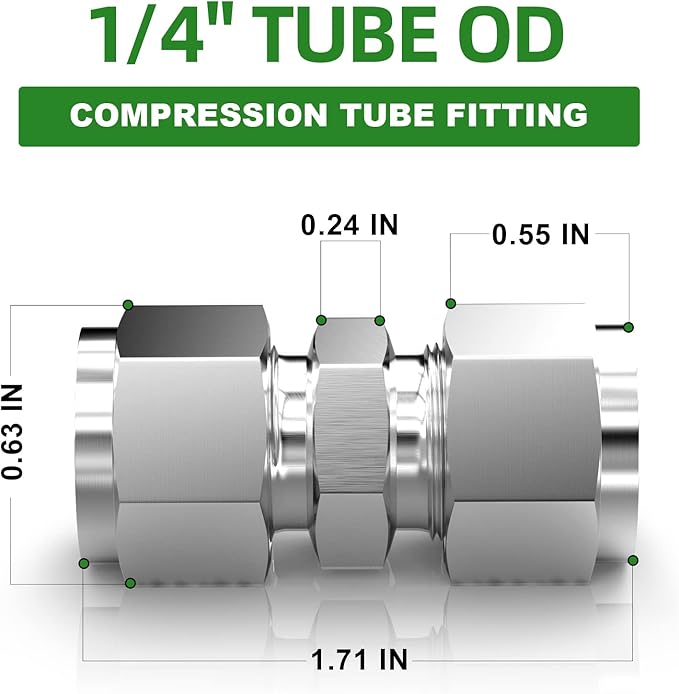 TAISHER 5PCS 304 Stainless Steel Compression Tube Pipe Fitting Connector, 1/4" Tube OD x 1/4" Tube OD Straight Adapter