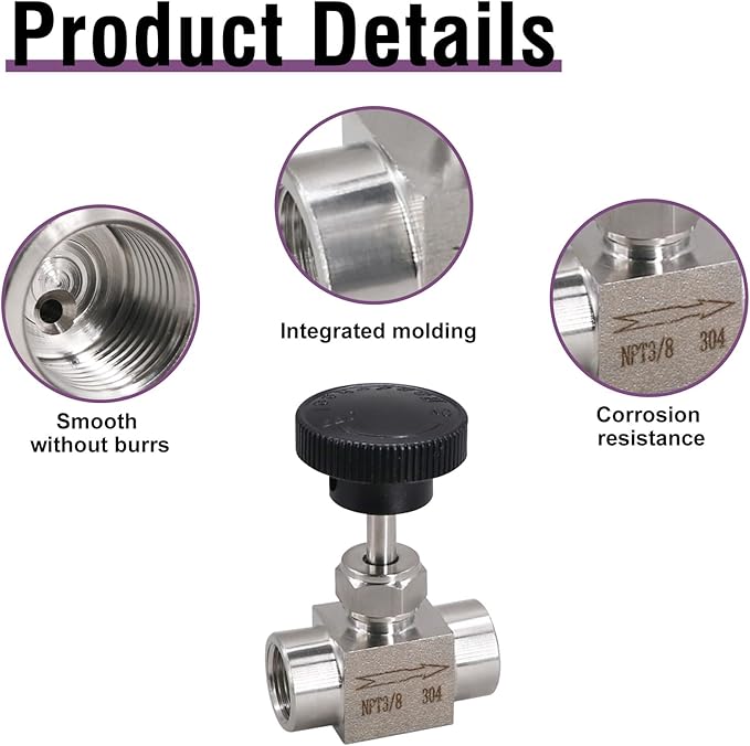 Needle Valve NPT 3/8 Female Thread Straight Needle Valves Stainless Steel 304 Flow Control Valve for Water/Gas/Oil, 1PC