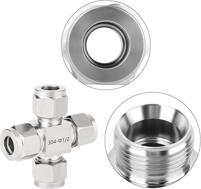 TAISHER 1PCS 304 Stainless Steel 4 Way Compression Tube Pipe Fitting Connector, 1/2" x 1/2" x 1/2" x 1/2" Tube OD Adapter