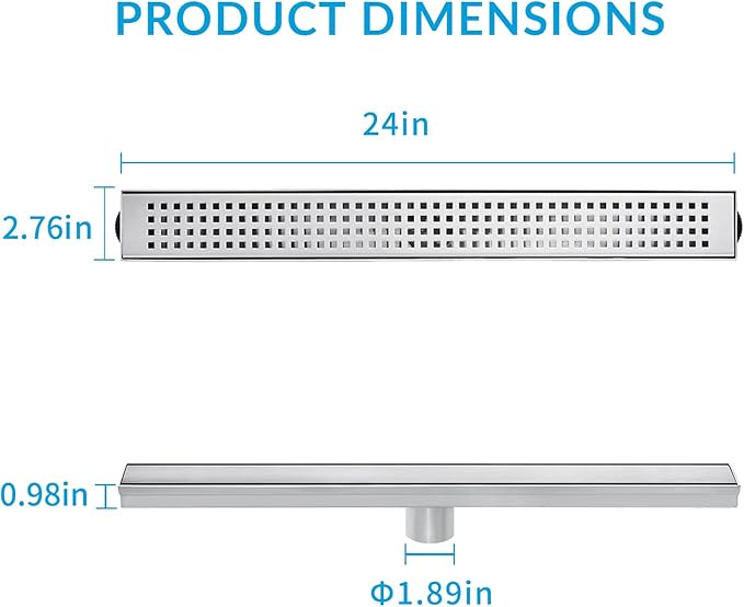 24 Inch Removable Cover Linear Shower Drain 304 Stainless Steel Rectangular Floor Drain for Kitchen Bathroom Square Hole Pattern Drain with Accessories Hair Strainer Adjustable Leveling Feet (Silver)