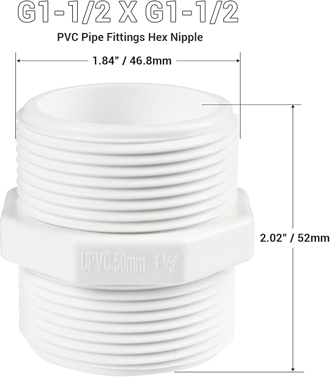5 Pcs 1-1/2 Inch PVC Pipe Fittings Hex Nipple G1-1/2 X G1-1/2 Male Thread Coupling Adapter Connector
