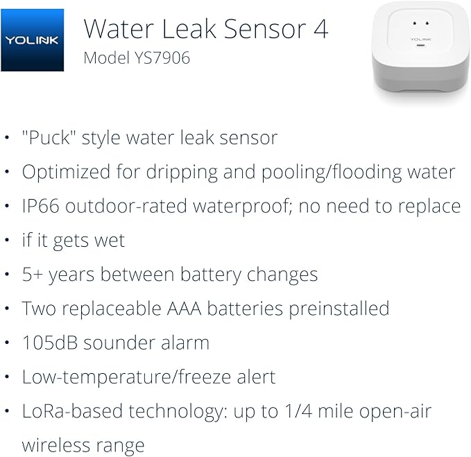 YoLink Water Leak Detector 4 with 105dB Audio Alarm, Freeze Warning, App Push, Email Alerts and Limited Text - Smart Water Sensor Alarm w/ Alexa, IFTTT - 1/4 Mile Long Range, Hub Required