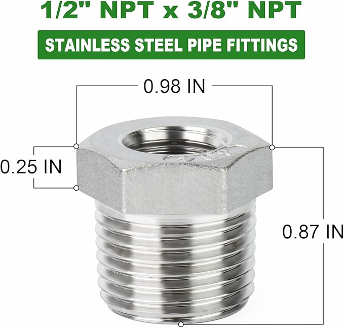 TAISHER 10PCS 304 Stainless Steel Reducer Hex Bushing, 1/2" NPT Male x 3/8" NPT Female, Reducing Pipe Adapter Fitting