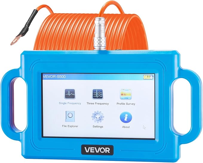 VEVOR Underground Water Detector, Up to 1640ft (500m) Pro Underground Water Detection Locator, 7" Touchscreen Auto Mapping Well Detector Explorer with Multi-Frequency Measurement, 8GB Card, Carry Case
