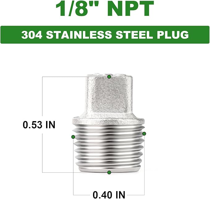 TAISHER 10PCS 304 Stainless Steel Outer Square Thread Socket Pipe Plug Fitting 1/8" NPT Male