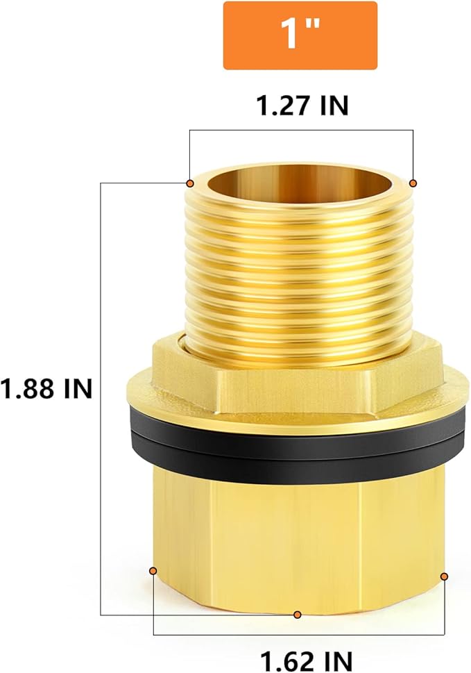GASHER 2PCS Brass 1" Female 1" Male Bulkhead Tank Connector Adapter Fitting with Rubber Ring