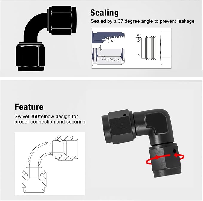 6AN Female to 6AN Female 90 Degree Swivel Coupler Fitting Adapter 9/16-18UNF Thread Aluminium Black 2PCS