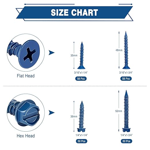 Concrete Screws Assortment Kit with Drill Bit, 216Pcs Concrete Screws 1/4”and3/16 Flat&Hex Head Masonry Block Brick Cement Screws and Anchors.Concrete Screws No Pre Drilling,Diamond Point,Blue Coated