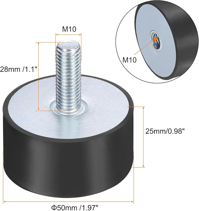 uxcell 4pcs M10x28mm Rubber Isolator Mounts with Studs 50x25mm Male Female Vibration Shock Absorber Zinc Plated Cylindrical Thread Mounts Anti Vibration Isolators with 4pcs M10 Lock Nuts