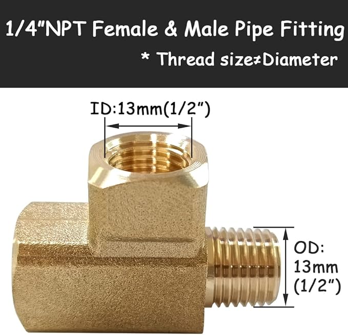 2PCS Brass Tee Pipe Fitting 1/4" NPT Female x 1/4" NPT Female x 1/4" NPT Male for Water/Oil/Gas