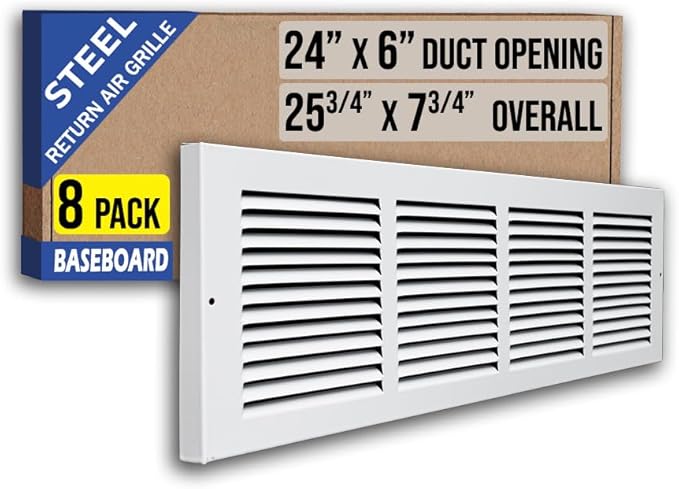 [8 Pack] Fits 24x6 Duct Opening | Steel Baseboard Return Air Grille by Handua | Vent Cover Grill | 7/8" Margin Turnback [Depth] to Fit Baseboard | White | Out. Dim.: 25.75"W X 7.75 "H