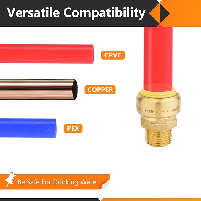 10-Pack HeSun Pushfit Male Adapter, 1/2" MNPT x 3/4" Push to Connect Plumbing Fittings with Disconnect Clip, Brass Push-fit Fittings for PEX, Copper, CPVC, PE-RT Pipes(PF132-10)