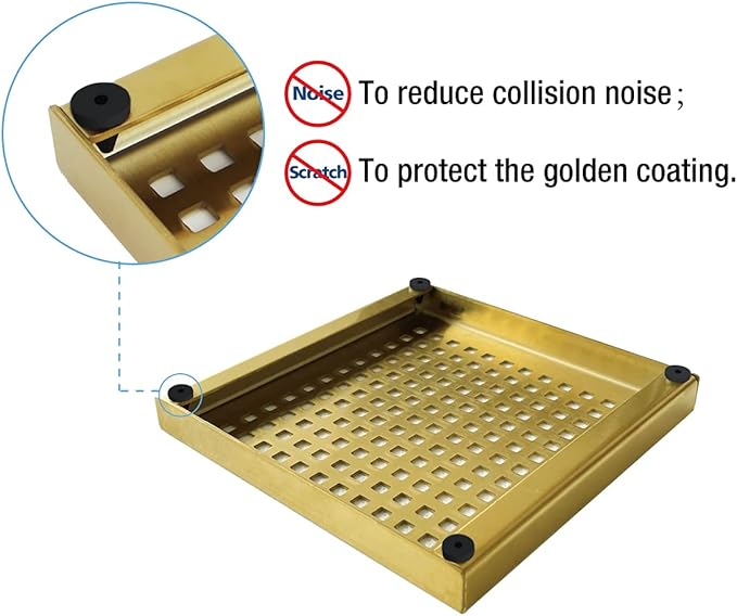 Neodrain 6 in Brushed Brass Square Shower Drain with Removable Quadrato Pattern Grate, PVC Shower Drain Base and Rubber Gasket, Gold 6" Square Drain with CUPC Certified, Golden Hair Strainer