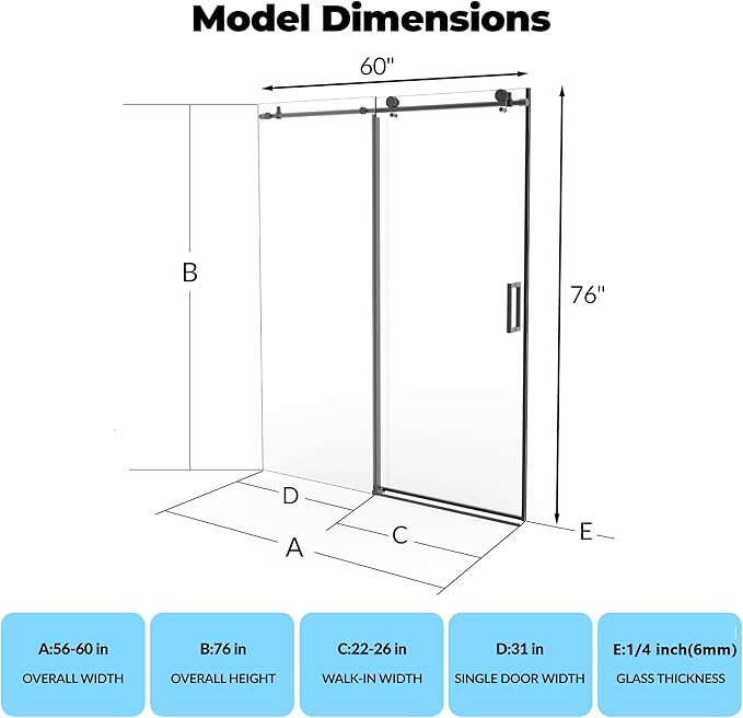 Semi-Frameless Sliding Shower Door - 56 to 60 Inch Adjustable Width x 76 Inch High, 6mm Coated Tempered Glass with Easy Clean, One Fixed & One Sliding Panel, Stainless Steel Round Rail, Matte Black