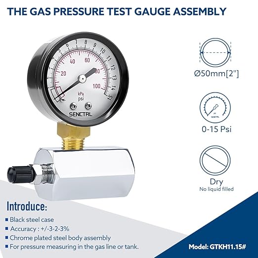 SENCTRL 0-15 Psi Gas Pressure Test Gauge, 2" Dial Size, 3/4" FNPT Connection, Brass Valve, Chrome Plated Steel Body Assembly