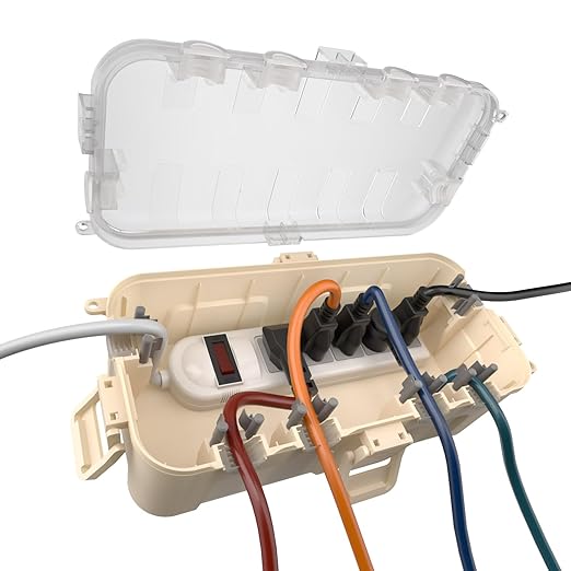 Flemoon Medium Outdoor Electrical Box Waterproof with Clear Lid, Weatherproof Extension Cord Cover for Photocell Light Sensor Timer, Power Strip, Outlet, Plug, Socket, Transparent and Almond