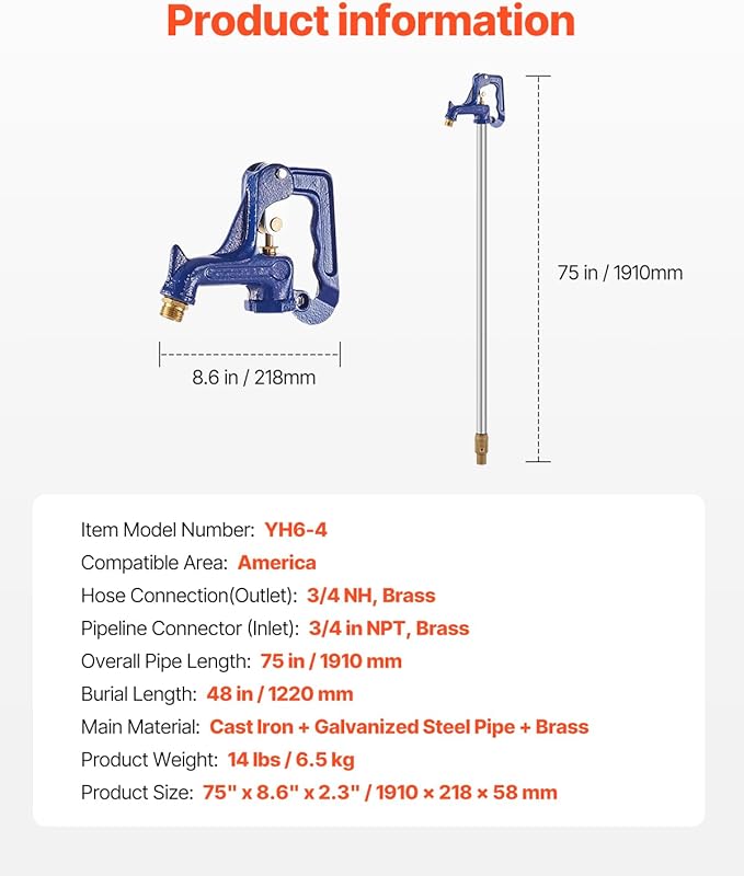 VEVOR Frost Proof Yard Hydrant, 6.25 FT Freeze-Proof Outdoor Faucet with 48" Bury Dept, 3/4" NPT Pipe Connection & 3/4" NH Hose Coupling, Heavy-Duty Cast Iron Hydrant for Yard, Garden, Farm Irrigation