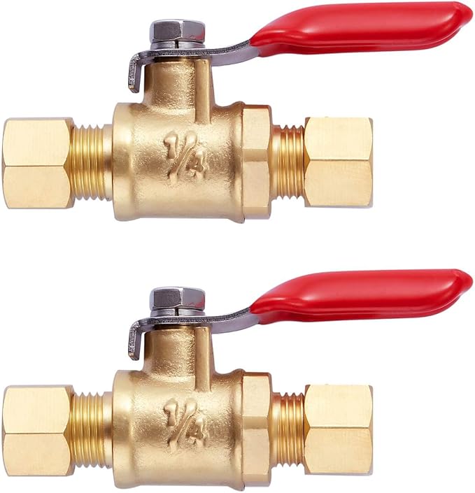 2 Pack Lead-Free Brass Mini Ball Valve Shut Off Switch, 1/4 inch Compression by 1/4 Compression Fitting