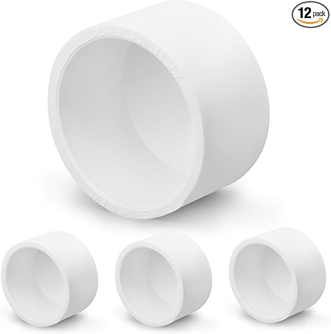 SCH40 PVC Cap 1-1/2 Inch - Fit Standard 1-1/2" SCH40 PVC Pipes (OD Approx. 1.9"), Zernmiarder Furniture Grade Pipe Caps, White Pipe Cover Fittings for Plumbing, DIY, Garden & Furniture - 12 Pcs