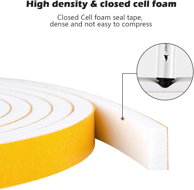 White Door Window Weather Stripping 59 Feet, Self Adhesive Foam Tape High Density Foam Sealing Strip Window Insulation Gasket Tape 1/4 Inch Wide X 1/8 Inch Thick, 19.7 Ft x 3Rolls