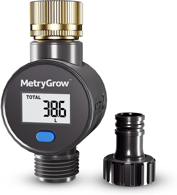 Water Flow Meter with Brass Inlet, Measuring Gallon/Liter Consumption and Flow Rate for Outdoor Garden Hose Watering, RV Essentials Water Tank Filling, Sprinkler and Nozzle Sprayer (1 Pack)