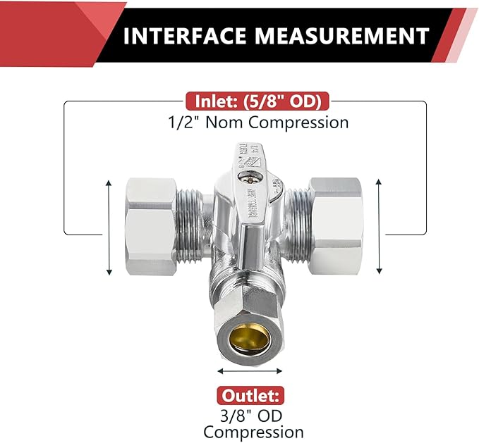 (Pack of 5) EFIELD 1/4-Turn Compression Stop Tee Valve, 1/2" NOM (5/8" OD) x 1/2" NOM (5/8" OD) x 3/8 inch Chrome Plated Brass,(VALVE247-5PCS)