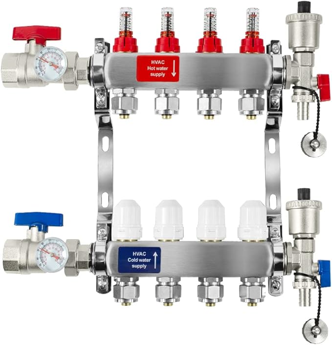 AB 4 Loop PEX/Radiant Manifold, 1/2 Inch Compatible Outlets, Up to 1.4 GPM Flow Valve for Hydronic Radiant Floor Heating(1/2" Connectors Included)